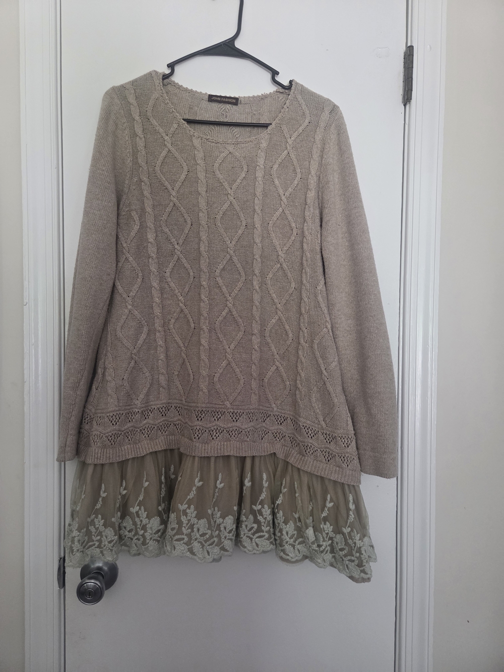 John Fashion Cable Knit Tunic Medium Brown Layered Lace Boho Cottagecore